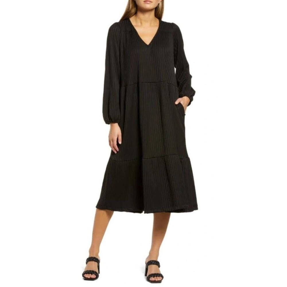 Lost + Wander Dress WMNS S Black Tiered Midi Ribbed V-Neck Dark Boho Minimalist